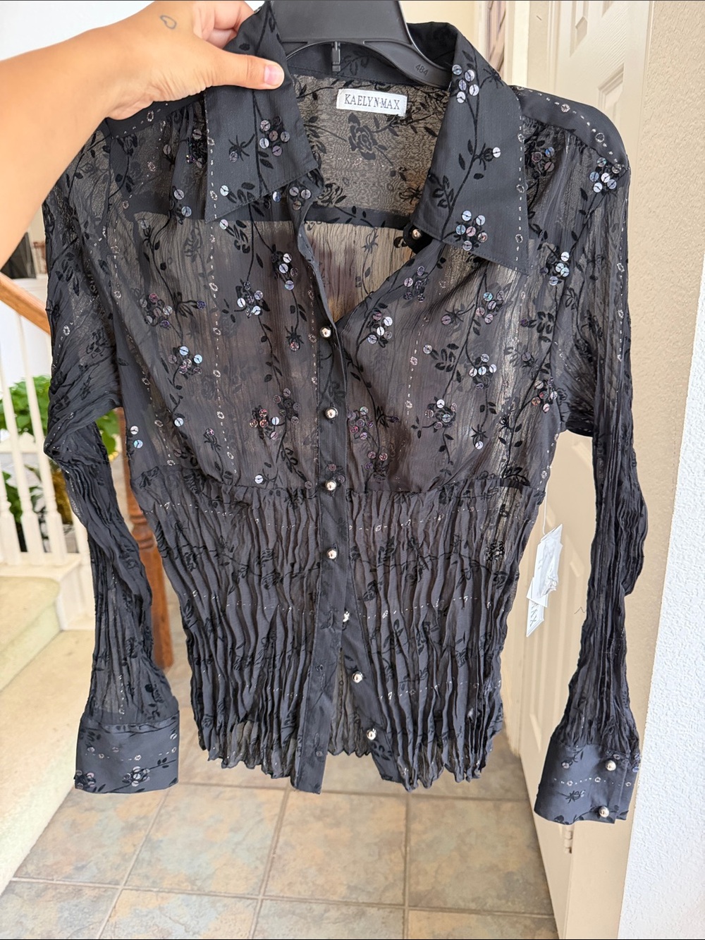 Kaelyn Max Black Sheer Embroidered Sequin Button-Up Blouse
